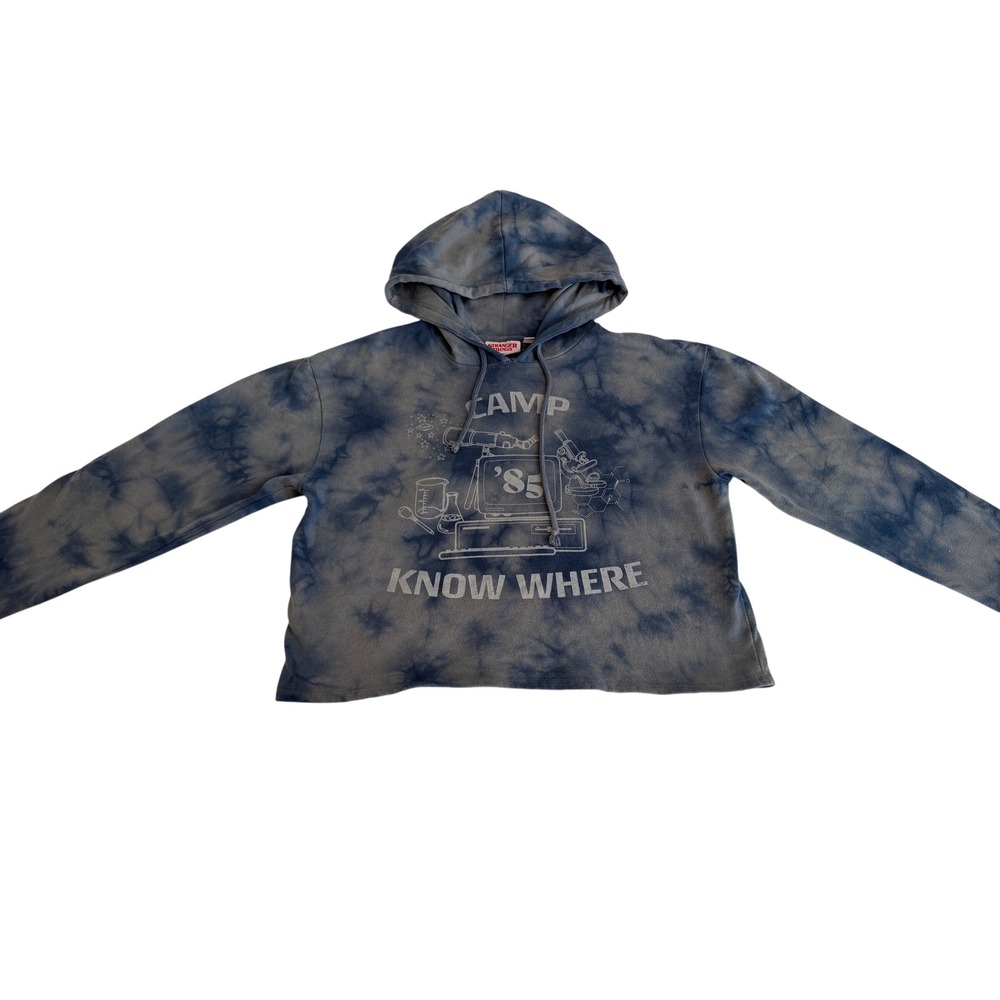 Stranger Things Camp Know Where 85 Hoodie Blue Tie Dye Cropped Sweatshirt Medium